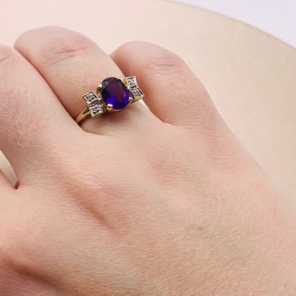 EUC 14k Yellow Gold Amethyst & Diamond Cocktail Ring - Picture 6 of 16
